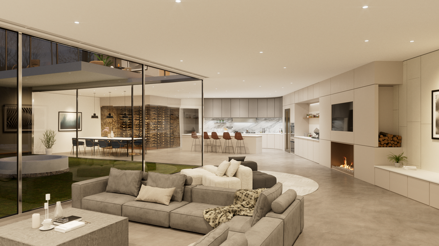 An open living space connecting a family room area to a kitchen, with DMF modular lighting in the ceiling.